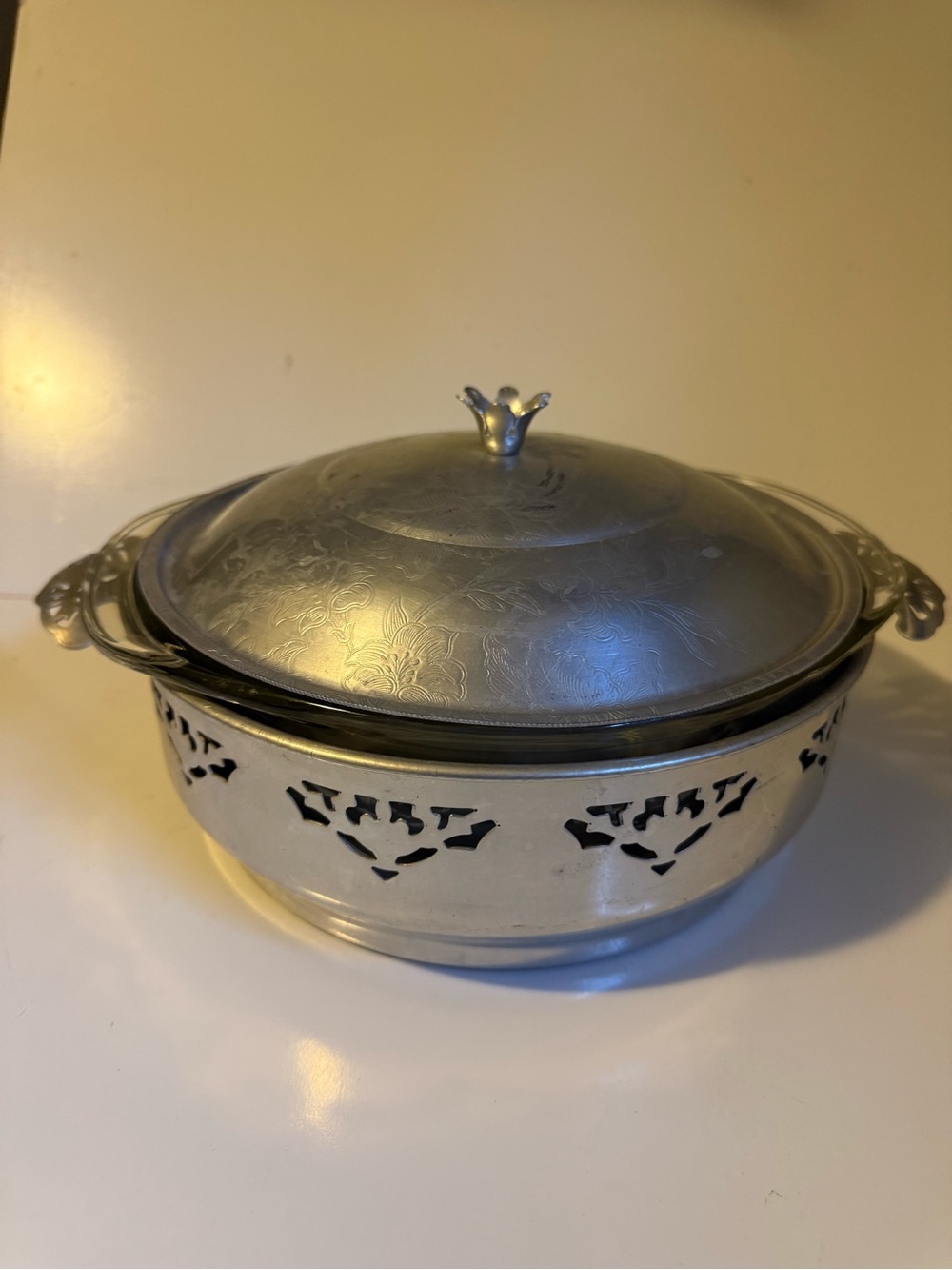 Vintage Forman Inc Brooklyn NY Pyrex 2 Qt Casserole Dish Silver Metal Holder Lid